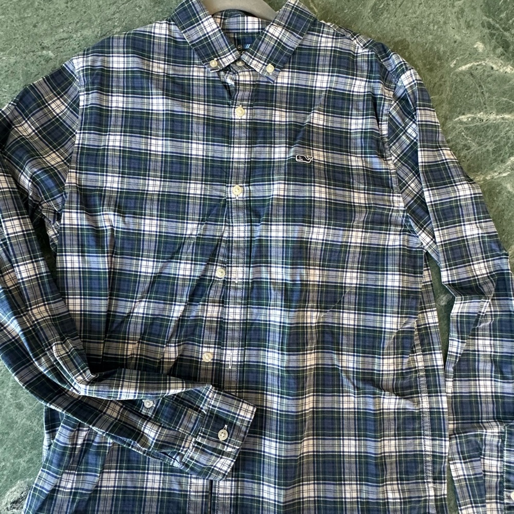 Vineyard Vines Men's Blue, Green & White Plaid Button-Down Shirt